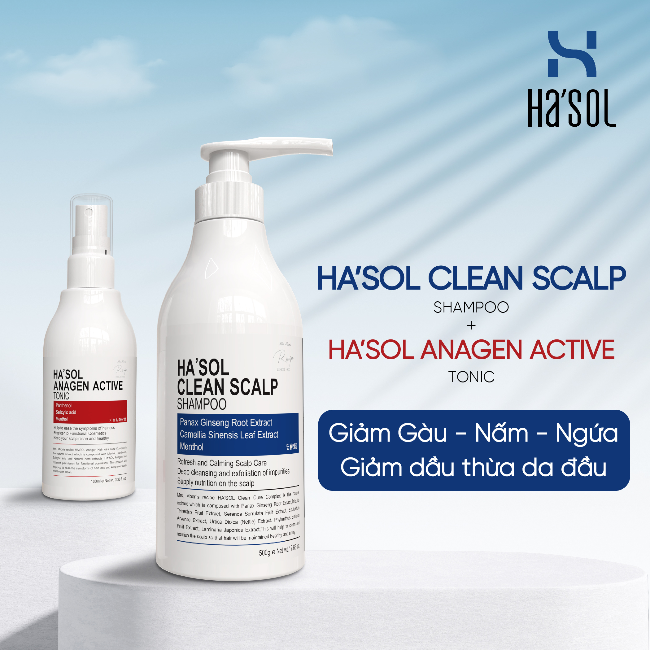 Combo Dầu gội giảm Gàu - nấm - ngứa Ha'sol Clean Scalp (Màu Xanh) + Xịt dưỡng Kích mọc tóc Hs'sol Active Tonic